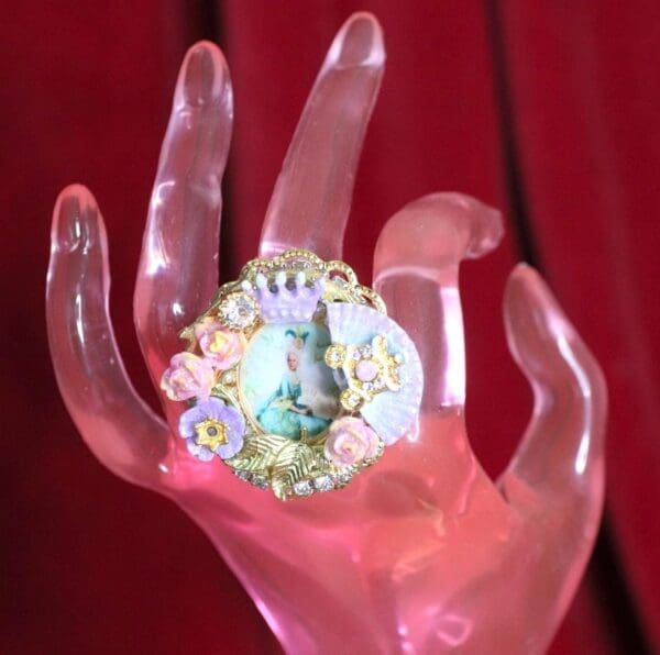 SOLD! 4767 Young Marie Antoinette Hand Painted Aqua Fan Cocktail Adjustable Ring - Image 9