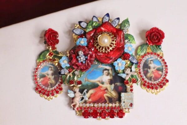 SOLD! 4780 Set Of Batoni Pompeo Rococo Eros Artemisa Paintings Massive Brooch+ Earrings - Image 5