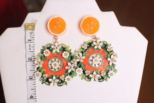 SOLD! 4781 Baroque Sicilian Orange Wheel Flower Blossom Earrings - Image 3