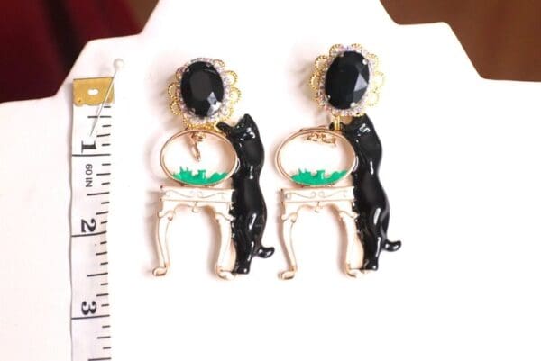 SOLD! 4786 Unusual Baroque Black Enamel Victoran Cat Fish Earrings - Image 5