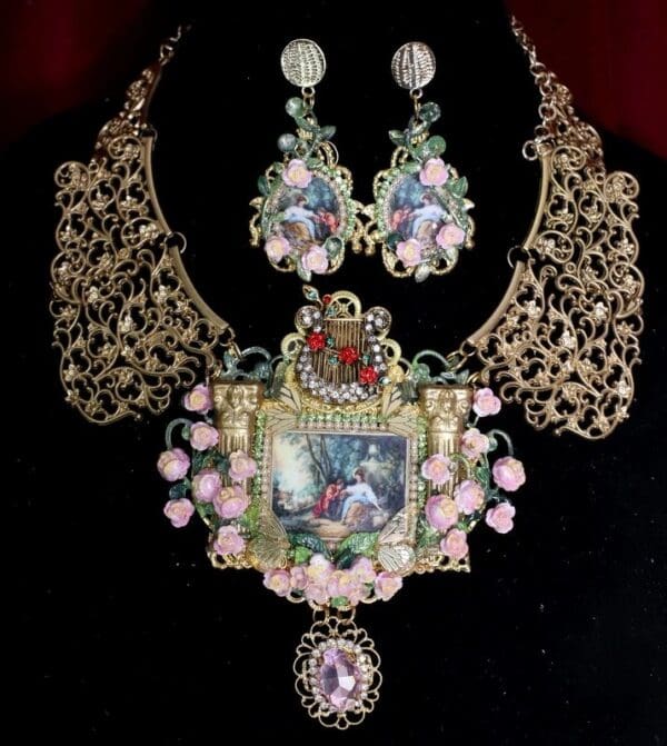 SOLD! 4788 Set Of Rococo Paintings Lovers In a Rose Garden Harp Unique Hand Painted Massive Statement Necklace+ Earrings - Image 3
