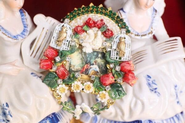 SOLD!4794 Rococo Paintings Hand Painted Tulips Bird Cage Massive Brooch+ Earrings - Image 2