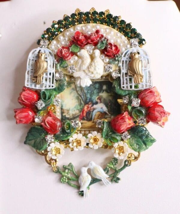 SOLD!4794 Rococo Paintings Hand Painted Tulips Bird Cage Massive Brooch+ Earrings - Image 7