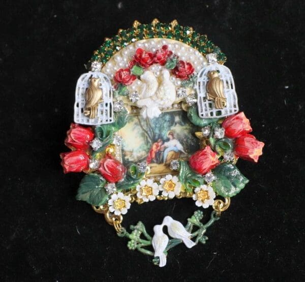 SOLD!4794 Rococo Paintings Hand Painted Tulips Bird Cage Massive Brooch+ Earrings - Image 8