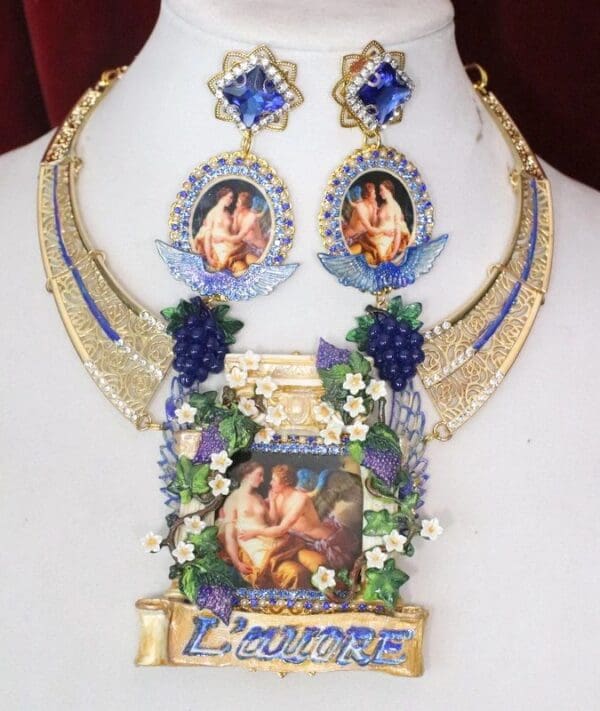 SOLD! 4796 Set Of Rococo Paintings L' amore Cupid Winged Roman Column Unique Hand Painted Massive Statement Necklace+ Earrings - Image 2