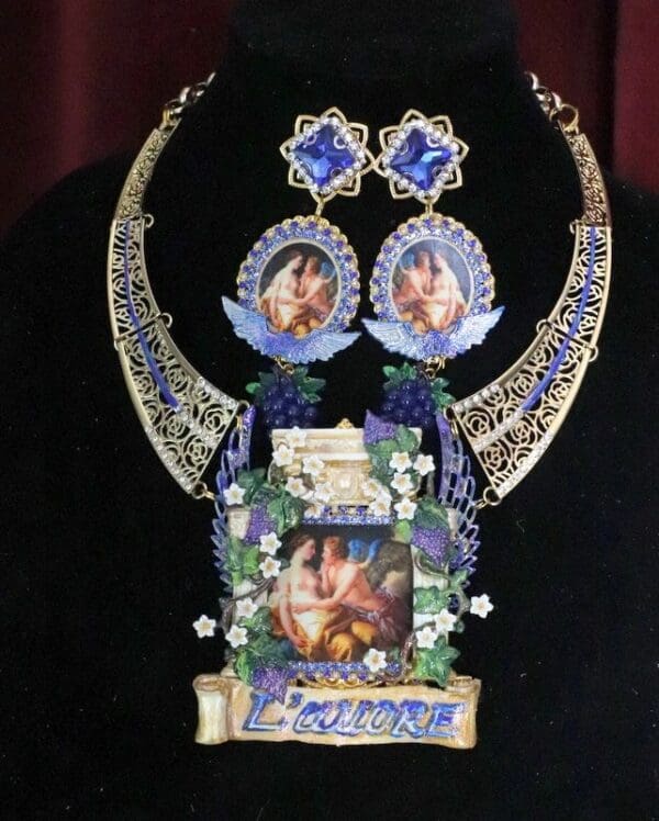 SOLD! 4796 Set Of Rococo Paintings L' amore Cupid Winged Roman Column Unique Hand Painted Massive Statement Necklace+ Earrings