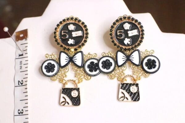 SOLD! 4817 Madam Coco Black Charms Bow Massive Studs Earrings - Image 5