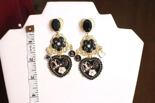 SOLD! 4818 Madam Coco Black Charms Heart Massive Studs Earrings - Image 6