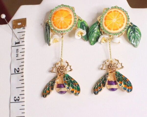 SOLD! 4832 Baroque Sicilian Orange Fruit Enamel Bee Earrings - Image 7