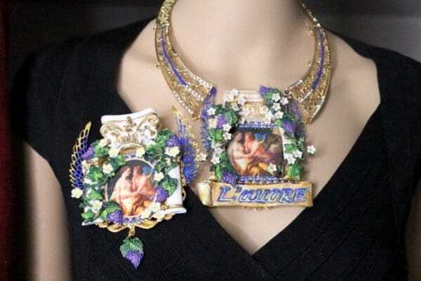 SOLD! 4796 Set Of Rococo Paintings L' amore Cupid Winged Roman Column Unique Hand Painted Massive Statement Necklace+ Earrings - Image 6