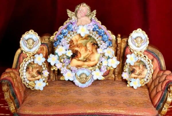 SOLD! 4840 Set Of Rococo Paintings François Boucher Cherub Brooch+ Earrings - Image 2