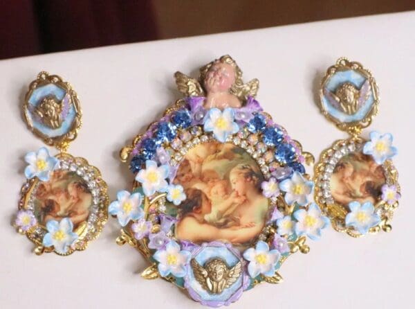 SOLD! 4840 Set Of Rococo Paintings François Boucher Cherub Brooch+ Earrings