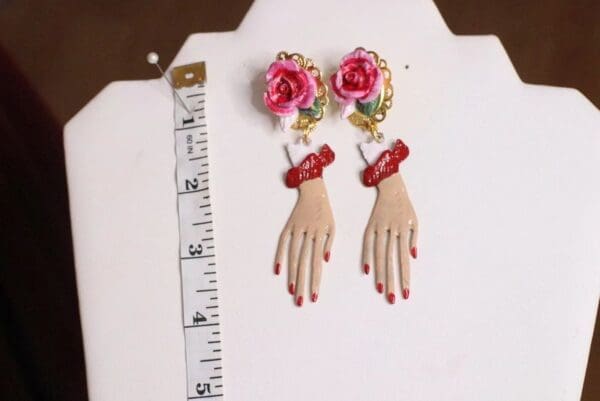 SOLD! 4842 Runway Baroque Massive Enamel Hands Rose Earrings - Image 6
