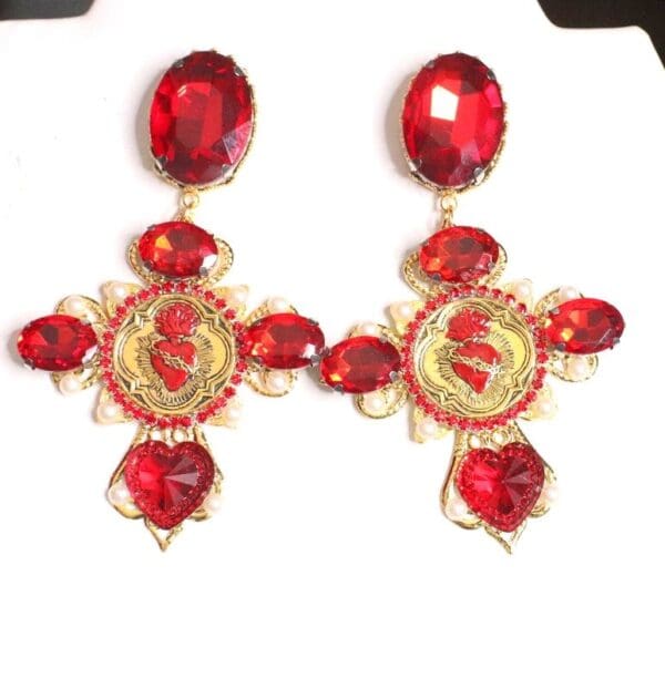 SOLD! 4843 Runway Baroque Red Rhinestones Sacred Heart Earrings - Image 6