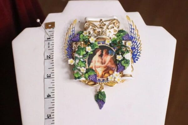 SOLD! 4845 Set Of Rococo Paintings L' amore Cupid Winged Roman Column Unique Hand Painted Massive Brooch+ Earrings - Image 8