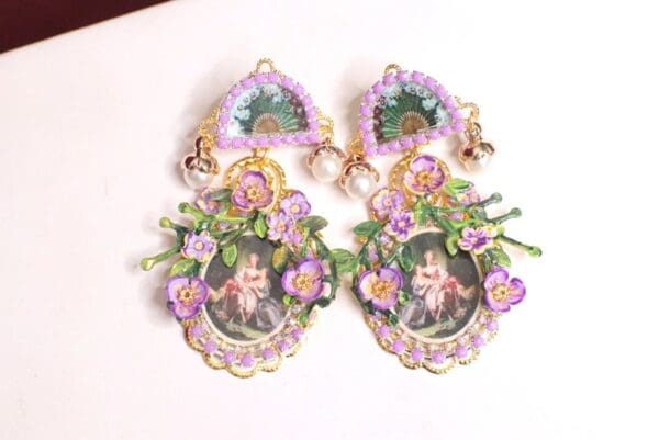 SOLD! 4853 Rococo Paintings Diana From Hunting Violet Fan Earrings - Image 8