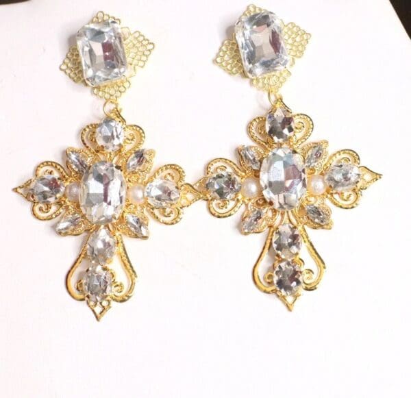 SOLD! 4855 Baroque Runway Clear Crystal Cross Earrings - Image 3