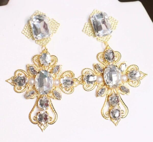 SOLD! 4855 Baroque Runway Clear Crystal Cross Earrings - Image 4