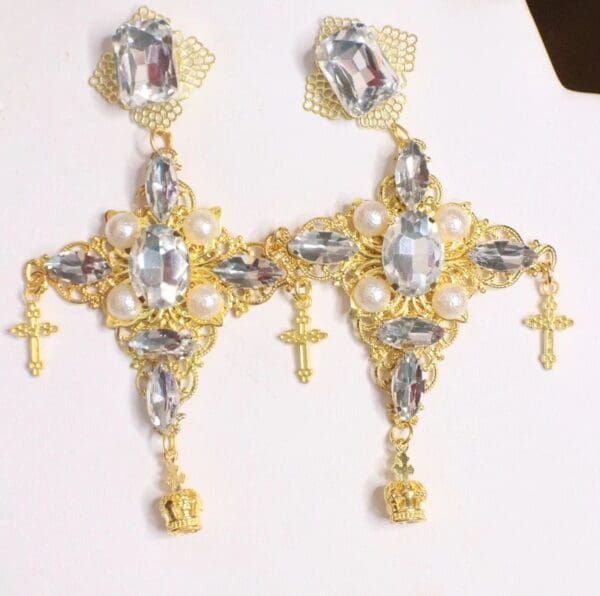 SOLD! 4856 Baroque Runway Clear Crystal Cross Charms Earrings - Image 4