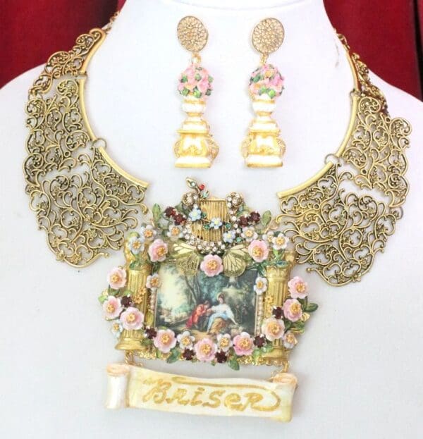 SOLD! 4867 Set Of Rococo Paintings Lovers Baiser Garden Harp Unique Hand Painted Massive Statement Necklace+ Earrings - Image 6