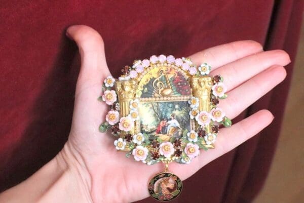 SOLD! 4868 Set Of Rococo Paintings Baiser Unique Hand Painted Massive Brooch+ Earrings - Image 8