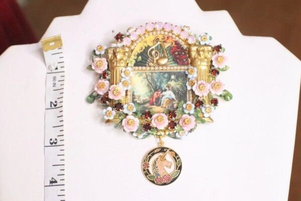 SOLD! 4868 Set Of Rococo Paintings Baiser Unique Hand Painted Massive Brooch+ Earrings - Image 10