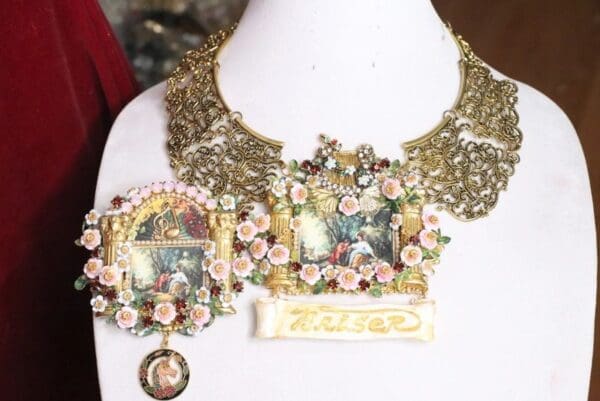 SOLD! 4868 Set Of Rococo Paintings Baiser Unique Hand Painted Massive Brooch+ Earrings - Image 4