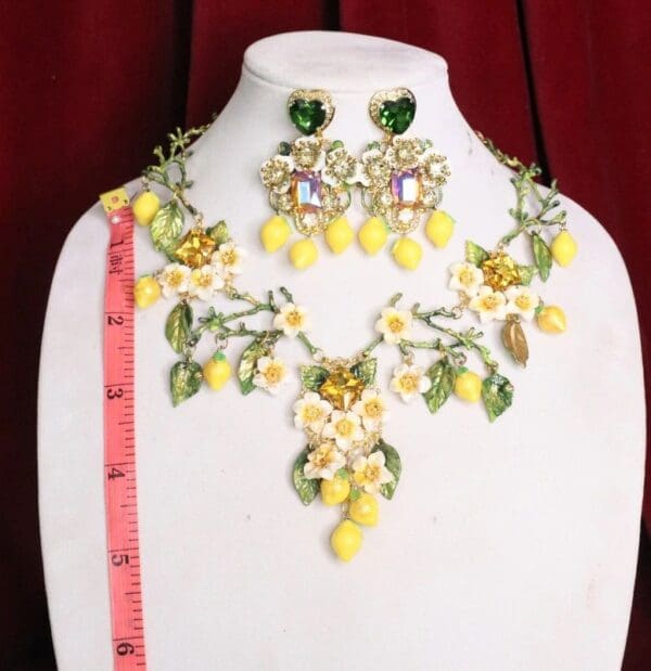 SOLD! 4869 Set Of Baroque Sicilian Lemon Fruit Hand Painted Statement Necklace+ Earrings - Image 3