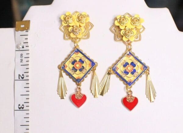 SOLD! 4892 Baroque Runway Sicilian Enamel Tile Heart Earrings - Image 7