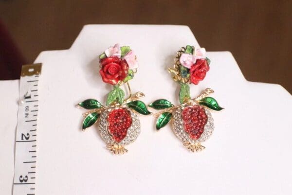 SOLD! 4896 Baroque Runway Enamel Pomegranate Roses Studs Earrings - Image 7