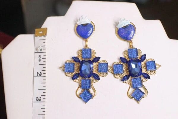 SOLD! 4897 Baroque Runway Blue Tile Cross Studs Earrings - Image 8