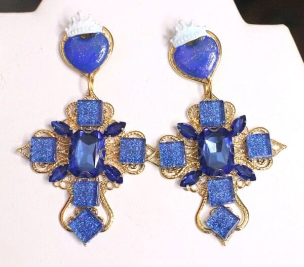 SOLD! 4897 Baroque Runway Blue Tile Cross Studs Earrings - Image 2