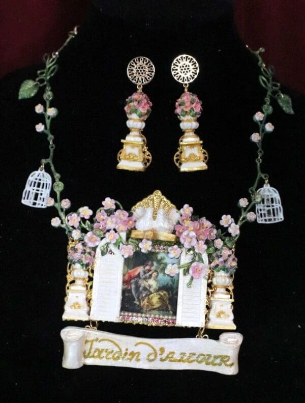SOLD! 4899 Set Of Rococo Paintings4 Seasons Jardin Hand Painted Massive Statement Necklace+ Earrings - Image 4