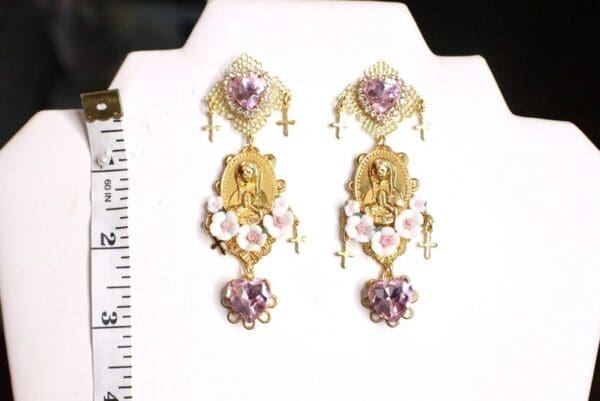 SOLD! 4923 Virgin Mary Madonna Gold Coin Pink Flower Blossom Studs Earrings - Image 5