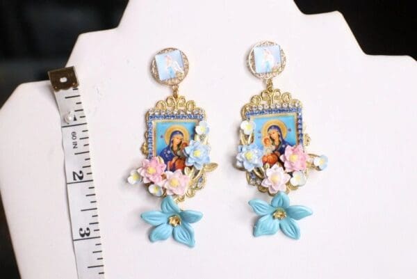 SOLD! 4924 Virgin Mary Madonna Blue Icon Studs Earrings - Image 6