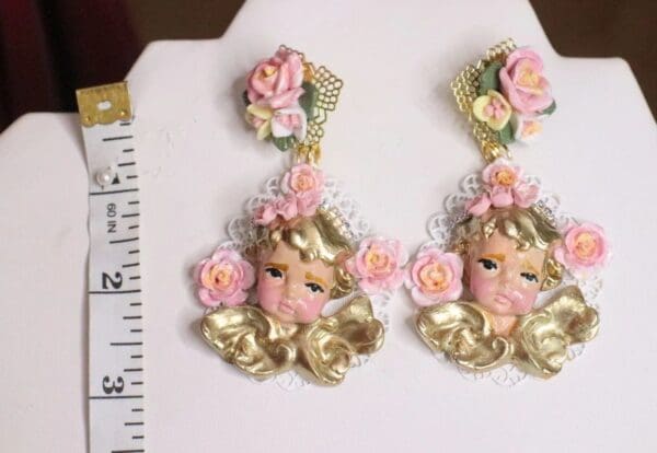 SOLD! 4938 Baroque Vivid Cherubs White Filigree Roses Studs Earrings - Image 3