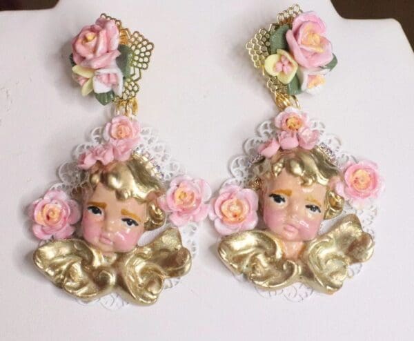 SOLD! 4938 Baroque Vivid Cherubs White Filigree Roses Studs Earrings