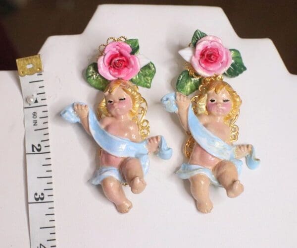 SOLD! 4953 Vivid Baroque Cherubs Blue Ribbon Studs Earrings - Image 3