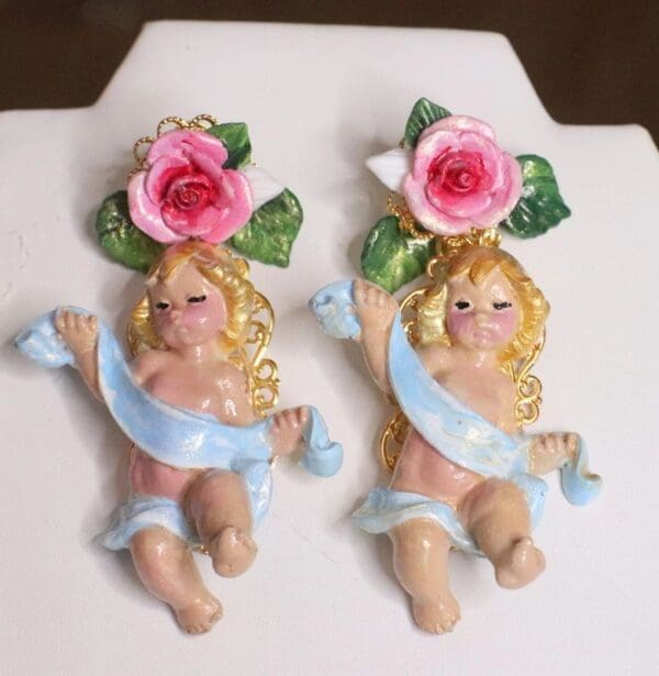 SOLD! 4953 Vivid Baroque Cherubs Blue Ribbon Studs Earrings - Image 4