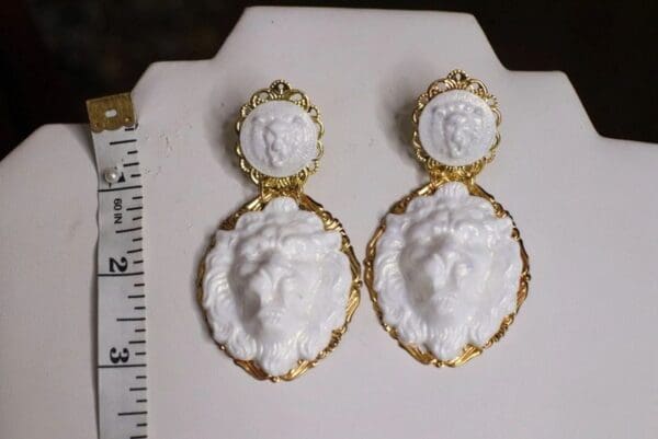 SOLD! 4954 Baroque White Pearlish Lions Massive Studs Earrings - Image 3