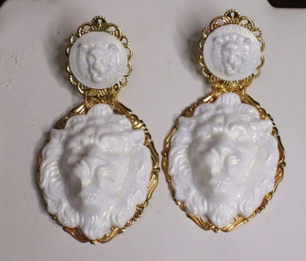 SOLD! 4954 Baroque White Pearlish Lions Massive Studs Earrings - Image 4
