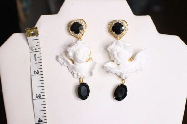 SOLD! 4955 Baroque White Chubby Cherubs Black Rhinestone Studs Earrings - Image 3