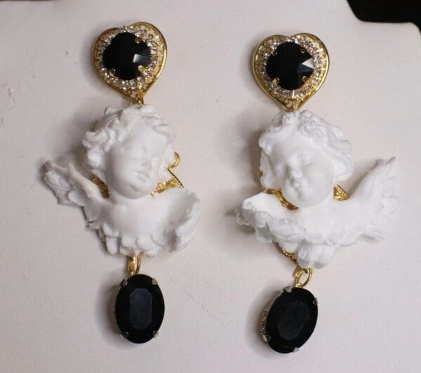 SOLD! 4955 Baroque White Chubby Cherubs Black Rhinestone Studs Earrings