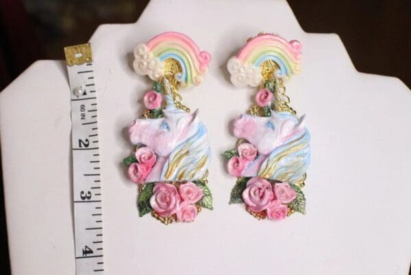 SOLD! 4956 Baroque Colorful Unicorns Roses Rainbow Massive Studs Earrings - Image 3