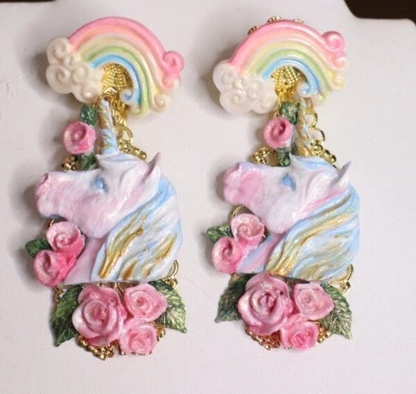 SOLD! 4956 Baroque Colorful Unicorns Roses Rainbow Massive Studs Earrings - Image 4