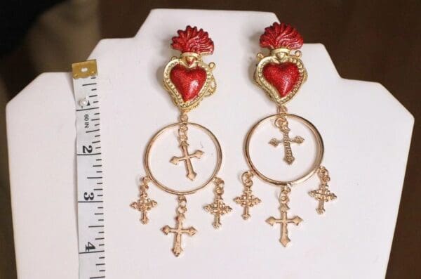 SOLD! 4962 Baroque Runway Sacred Heart Crosses Massive Studs Earrings - Image 3