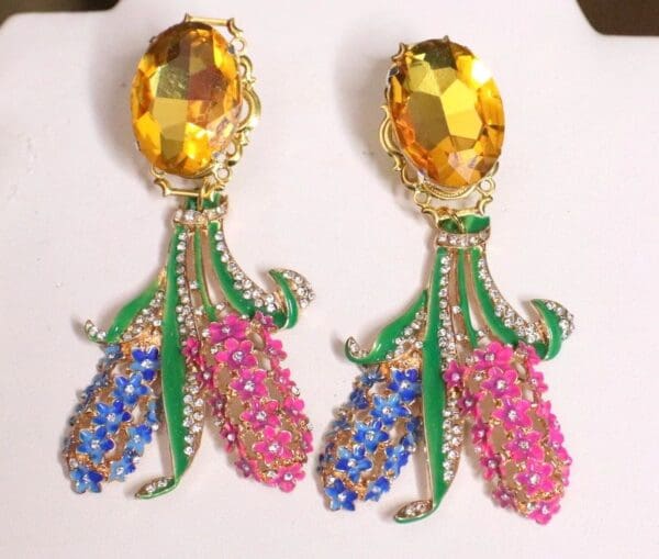 SOLD! 4964 Baroque Runway Angenolia Flower Enamel Yellow Rhinestone Studs Earrinhs