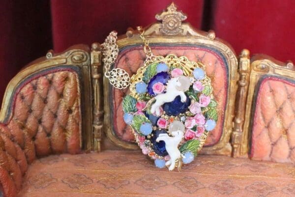SOLD! 4966Enamel Unicorns Genuine Agate Massive Pendant Necklace - Image 6