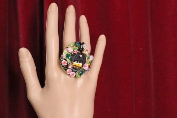 SOLD! 4971 Genuine Solar Quartz Enamel Swallows Massive Cocktail Adjustable Ring - Image 5