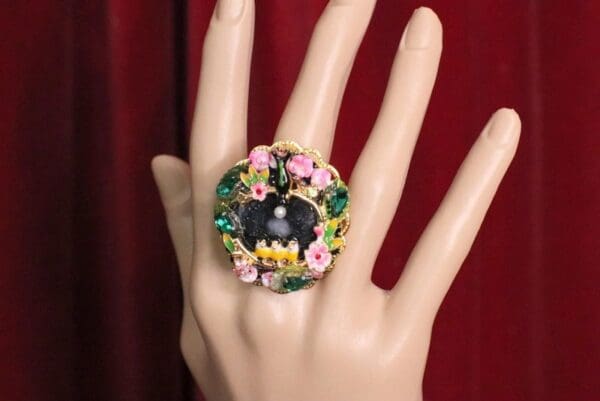 SOLD! 4971 Genuine Solar Quartz Enamel Swallows Massive Cocktail Adjustable Ring - Image 9